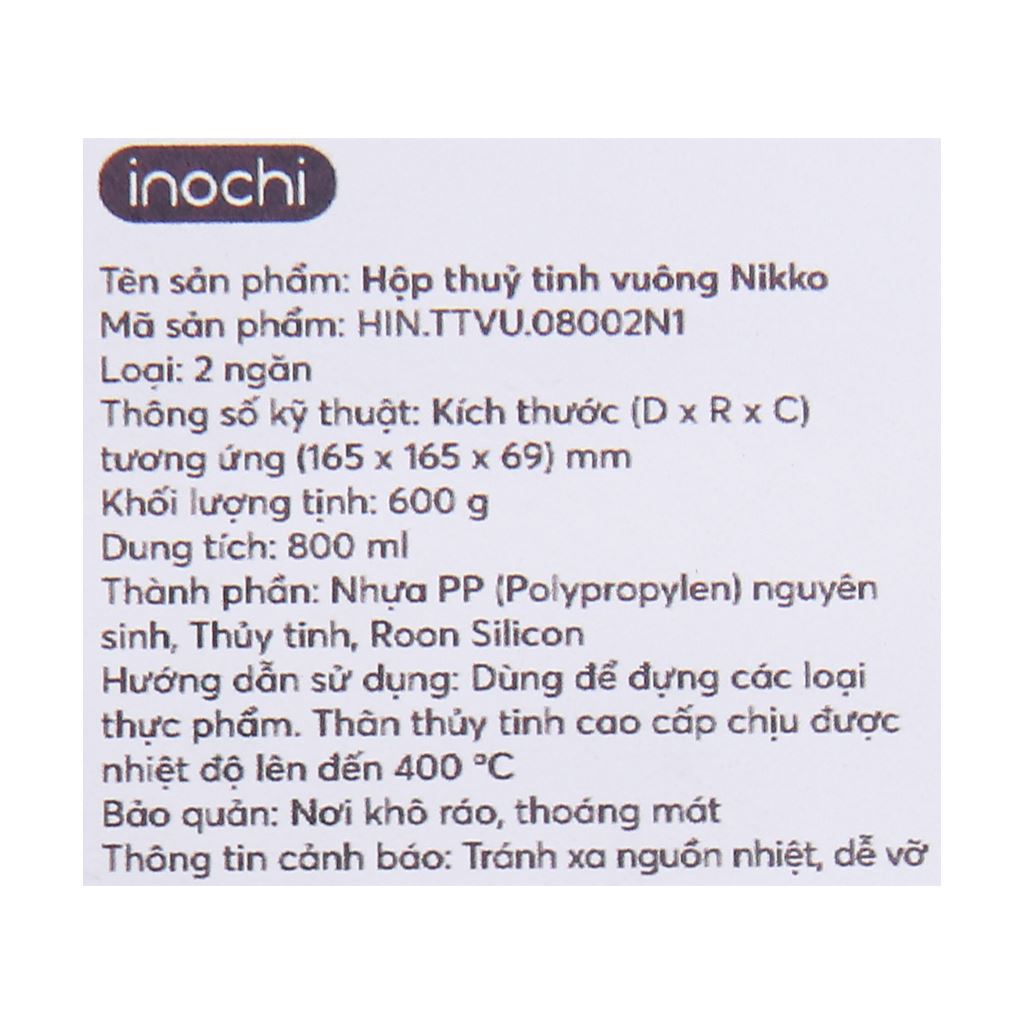 Hộp Thủy Tinh Chia 2 Ngăn Hình Vuông 800ml, Hộp Thủy Tinh Cao Cấp Inochi Sử Dụng An Toàn Trong Lò Vi Sóng