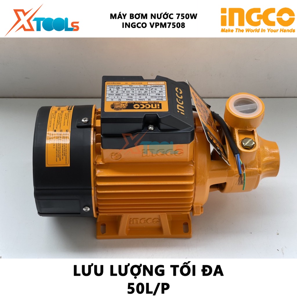 Máy bơm nước INGCO VPM7508 | máy bơm đẩy cao 750W (1HP), chiều cao bơm 52m, độ hút sâu 8m, mô tơ dây đồng tăng áp lực đư