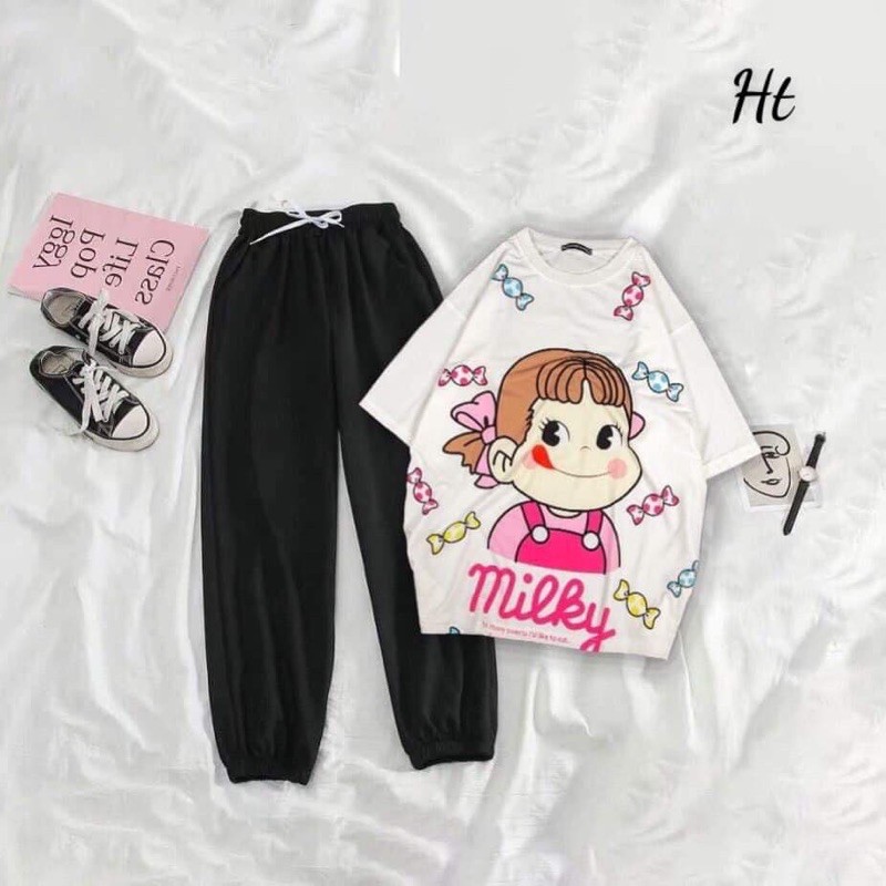 set áo thun in cô bé milky + quần bom chun gấu