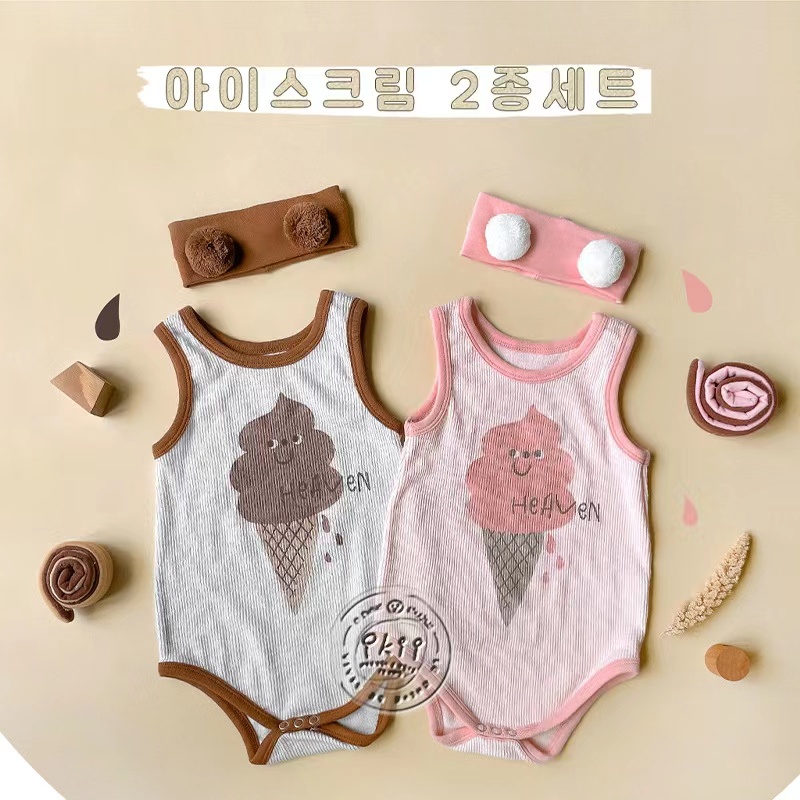 Bộ Áo Liền Quần Không Tay + 1 Băng Đô Hình Cây Kem Sô Cô La Dễ Thương Dành Cho Bé