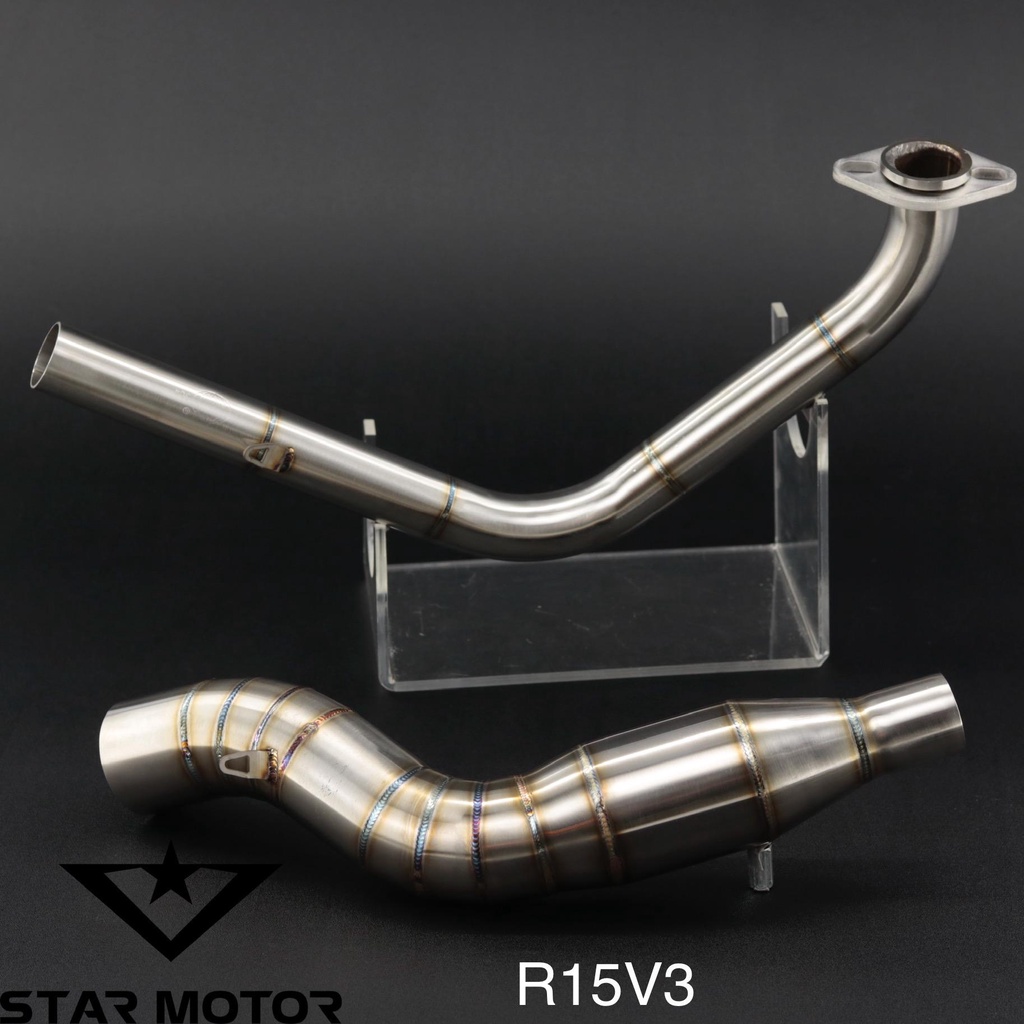 Combo Cổ pô R15V3 kèm cổ bầu hơi Inox 304 đường hàn mũi tên