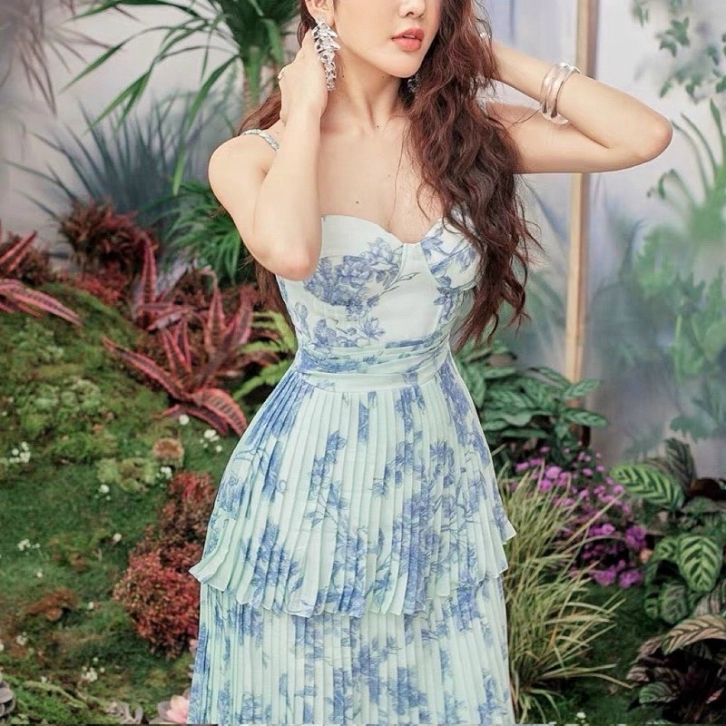 ĐẦM MAXI TẦNG 2 DÂY HOA XANH DẬP LY