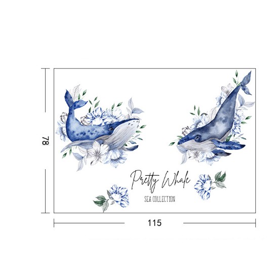 Decal trang trí tường - Cá Voi Xanh Hoa Cổ điển