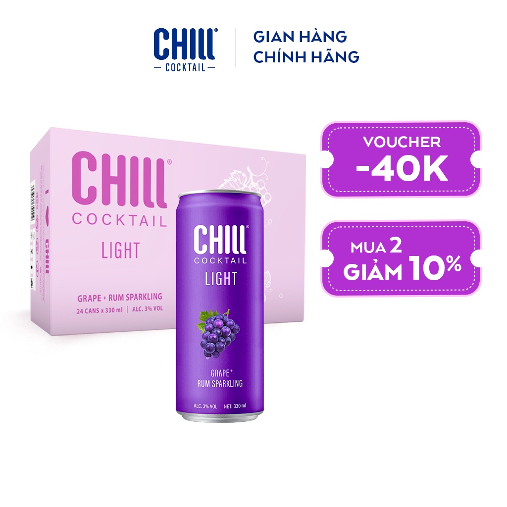 Thùng 24 lon Chill Cocktail Light vị Grape Rum Sparkling 330ml/lon