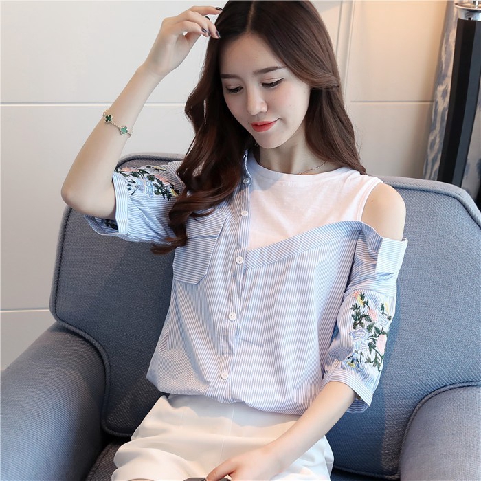 Áo sơ mi tay lỡ hở vai thêu hoa điệu đà cho nữ
