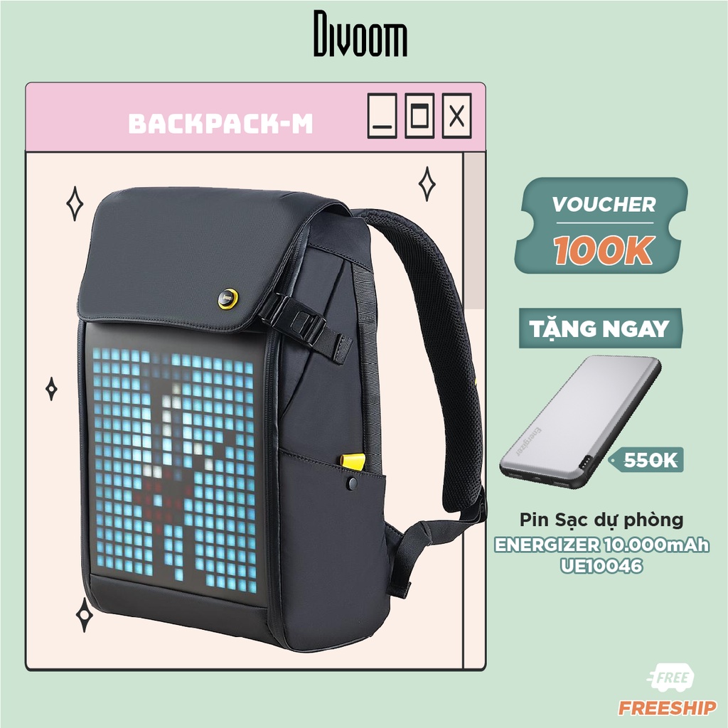 Balo DIVOOM Pixoo Backpack-M, có hiển thị màn hình LED, ngăn chứa Laptop 15inch