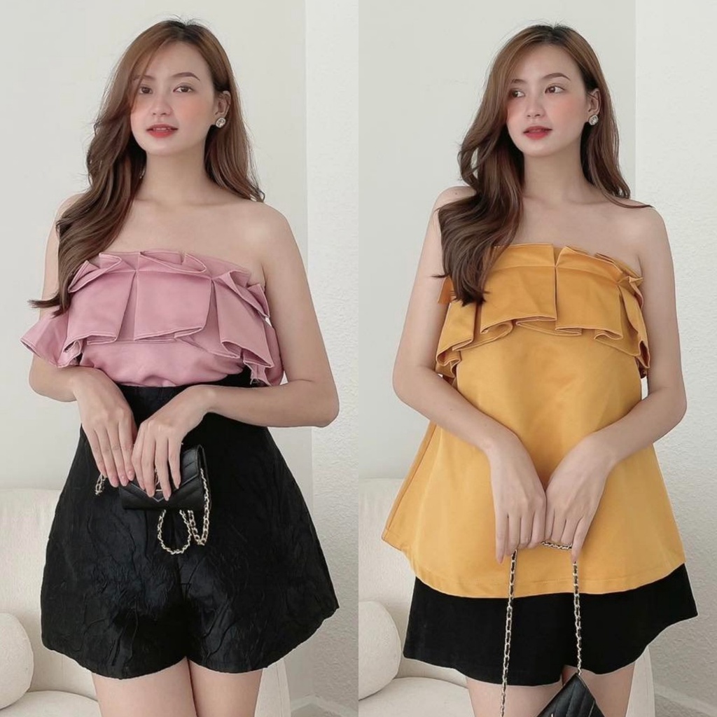 [Ảnh thật] Áo cúp ngực áo quây nhún bèo ngực áo ống xếp viền bèo