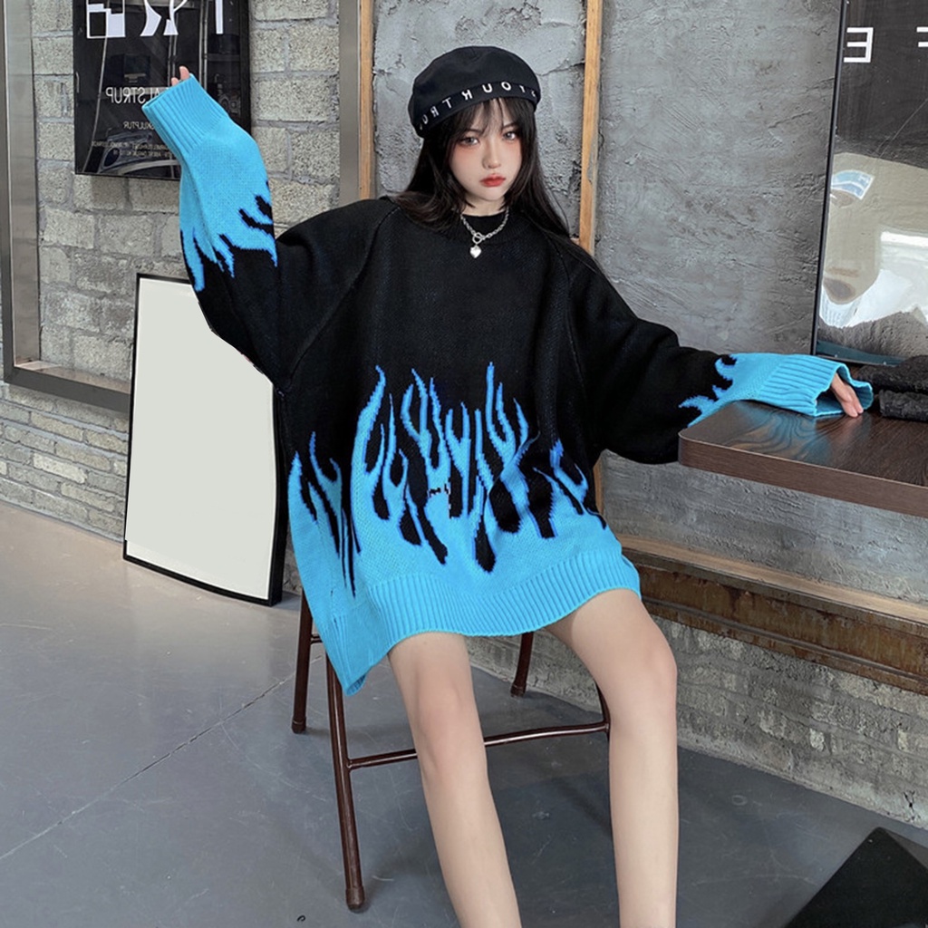 calcutta Áo sweater dệt kim chui đầu cổ tròn dáng rộng màu sắc lửa cho nữ