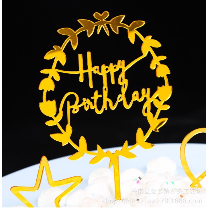 Set 10 hình cắm meka vòng nguyệt quế Happy Birthday trang trí bánh, meka trang trí