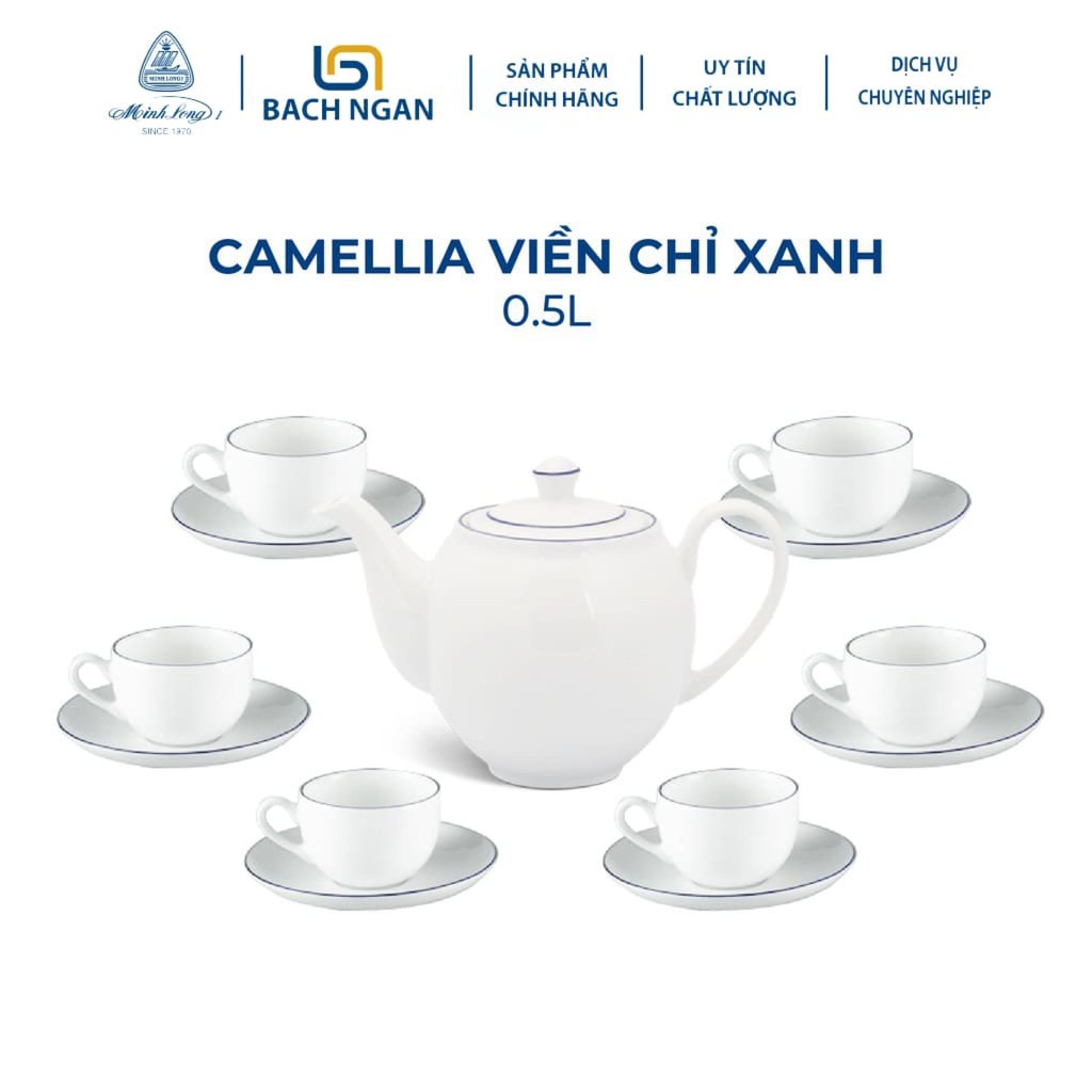 Bộ Ấm Trà Gốm Sứ Cao Cấp Minh Long 0.5 L Camellia - Chỉ Xanh Dương hàng đẹp, sang trọng đãi khách, quà tặng - 6 tách