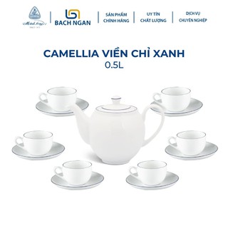 Bộ Ấm Trà Gốm Sứ Cao Cấp Minh Long 0.5 L Camellia - Chỉ Xanh Dương hàng đẹp, sang trọng đãi khách, quà tặng - 6 tách