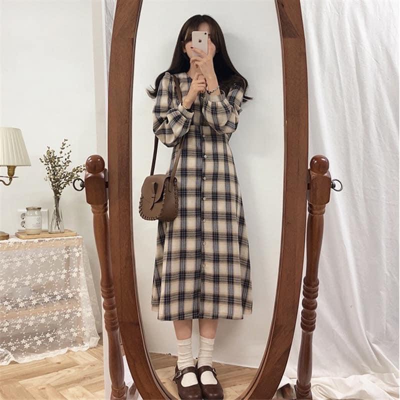 Váy Vintage Cổ V Dáng Dài, Đầm Vintage Họa Tiết Caro Dài Tay Latis Store Hàng Có Sẵn