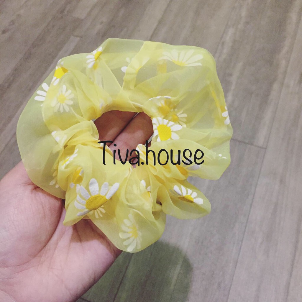 Scrunchies dây buộc tóc vải voan kính trong suốt chun co giãn hình hoa cúc thời trang Hàn Quốc cho bạn gái