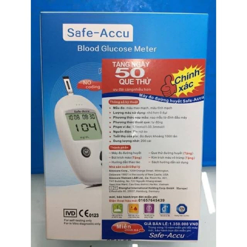 ❤️ TẶNG 25 TEST +50 KIM Máy Đo Đường Huyết Safe Accu Sinocare máy thử đo tiểu đường huyết SAFE-ACCU SINOCARE