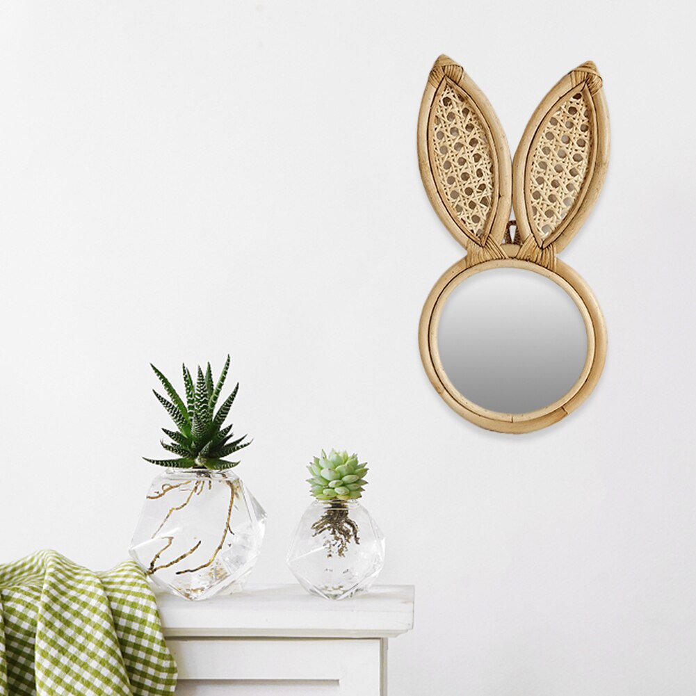 Gương mây tre đan hình thỏ xinh xắn, tròn , gương soi treo tường hoặc để bàn, trang trí decor phòng ngủ cho bé