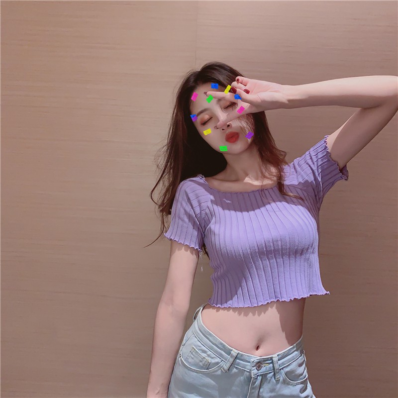 Áo len QC tay ngắn croptop bẹt vai cuốn biên