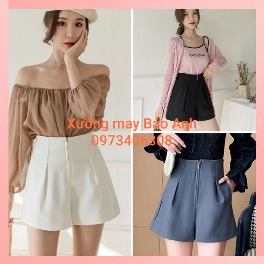 [Ảnh thật] Quần sooc đùi khóa trước lưng cao chất vải tuyết mưa công sở dày dặn đứng dáng