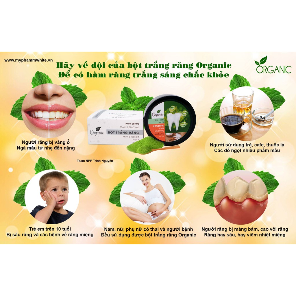 Bột trắng răng Organic Giúp trắng răng, loại bỏ hôi miệng ( Tặng Nạ Vitamin Trái Cây)