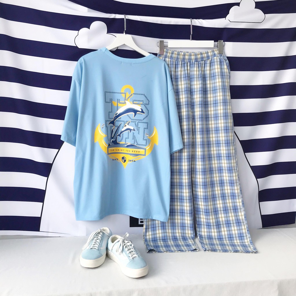 Combo bộ áo phông form rộng + quần caro form suông unisex