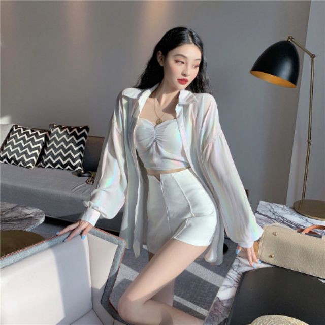 Áo sơ mi mỏng phản quang cầu vồng óng ánh hè thu cá tính