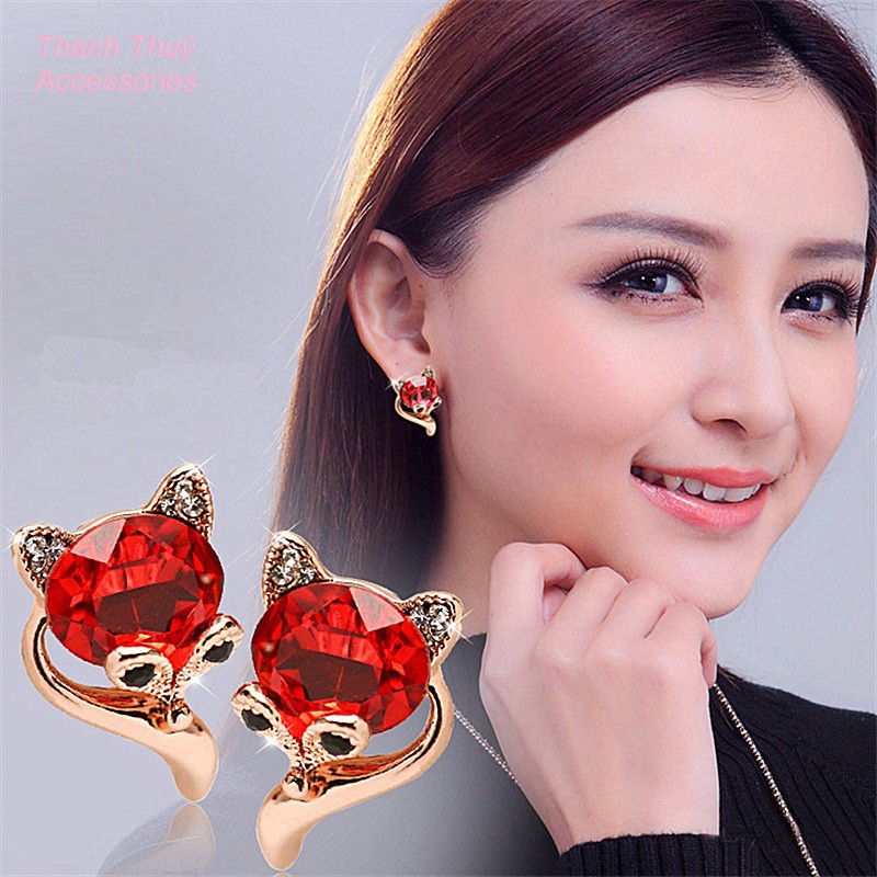 Bông tai nữ hợp kim đính đá đỏ nhân tạo hồ ly may mắn tình duyên