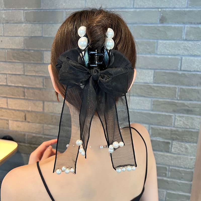 Kẹp Tóc Hình Nơ Đính Ngọc Trai Màu Đen Phong Cách Hàn Quốc Cho Nữ