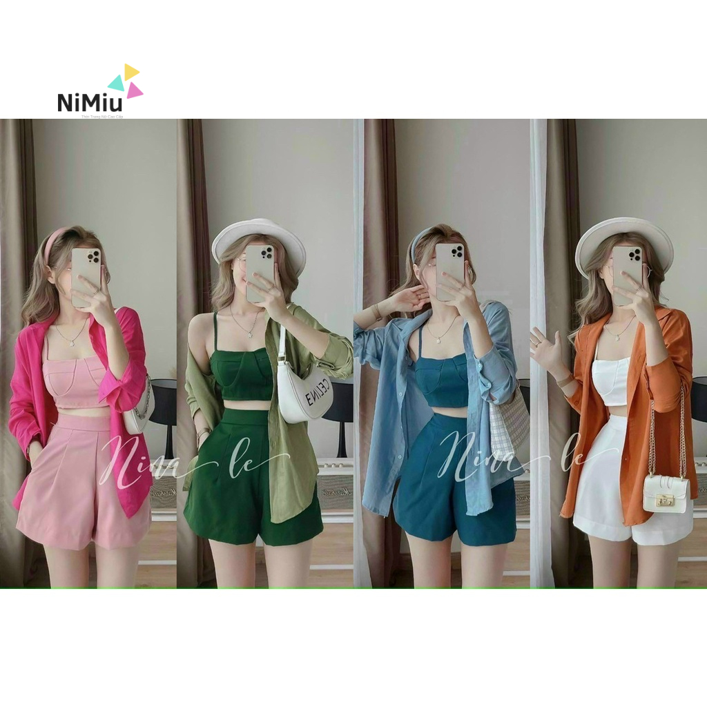 Sét Bộ Nữ Thời Trang Mặc Đi Chơi, Sét Bộ Tuyết Mưa Áo Croptop Hai Dây Mix Quần Đùi Kèm Áo Khoác Lụa Xinh Xắn