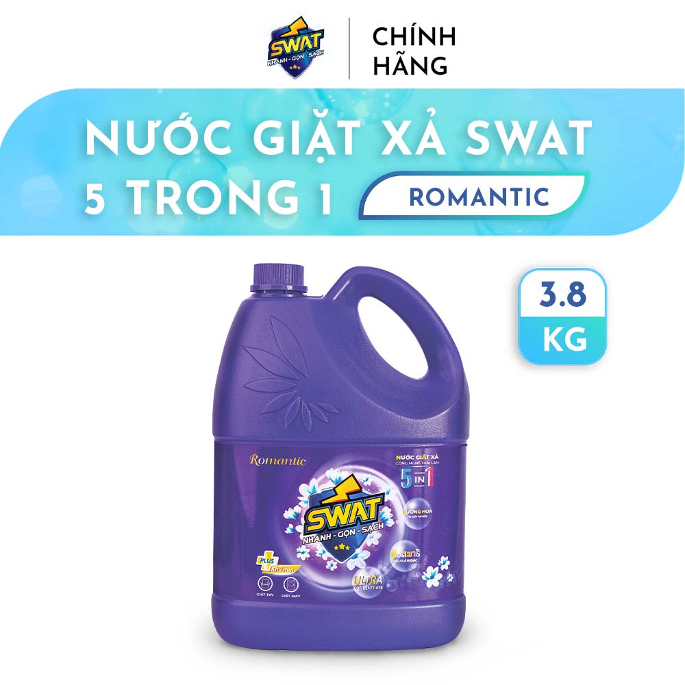 Combo 1 can 3.8kg và 1 túi 2.2kg nước giặt xả 5 in 1 SWAT hương Romantic tiện dụng, giúp diệt khuẩn, lưu hương lâu