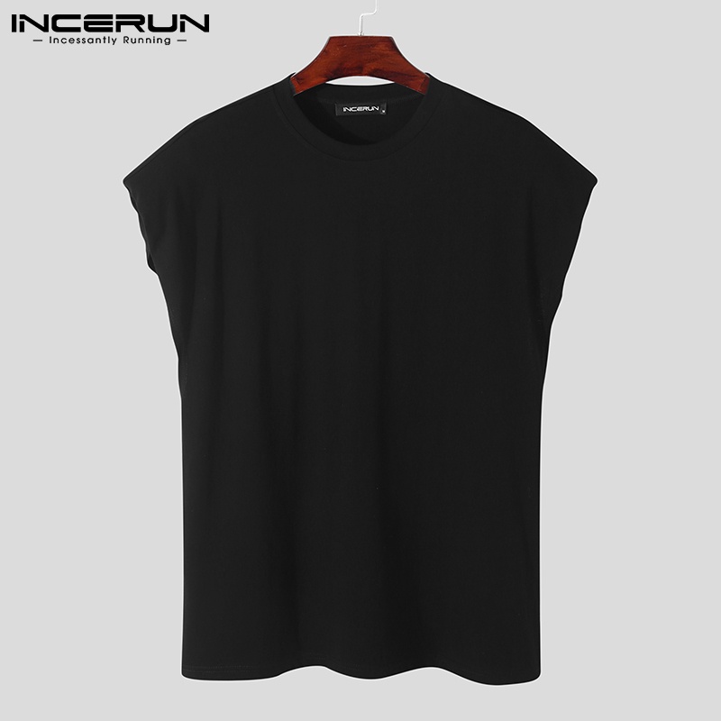 Áo sát nách INCERUN vải cotton dáng rộng cổ tròn màu trơn thời trang dành cho nam giới