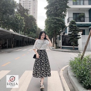 Chân váy hoa cúc dài xoè dáng chữ A thời trang
