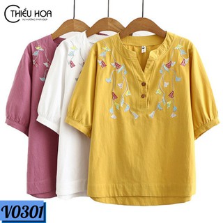 Áo Trung Niên Linen Họa Tiết Thêu Tay Thiều Hoa V0301