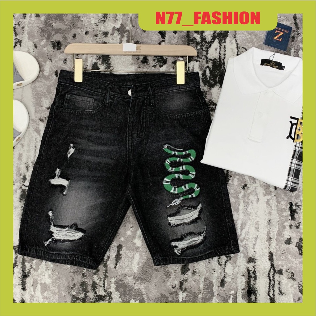 Quần short jean nam cao cấp đen rách thêu rắn chất bò vải dày co dãn mẫu mới nhất cao cấp N77 FASHION