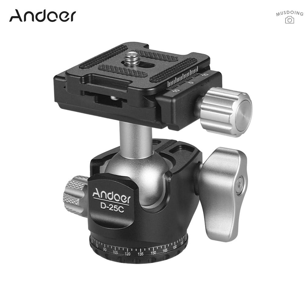 ღ Andoer D-25C CNC Machining Aluminum Alloy Double Notch Ball Head Mini Ballhead Low Center of Gravity for Manfrotto Tripod Monopod for DSLR ILDC Cameras Max Load Capacity 10kg