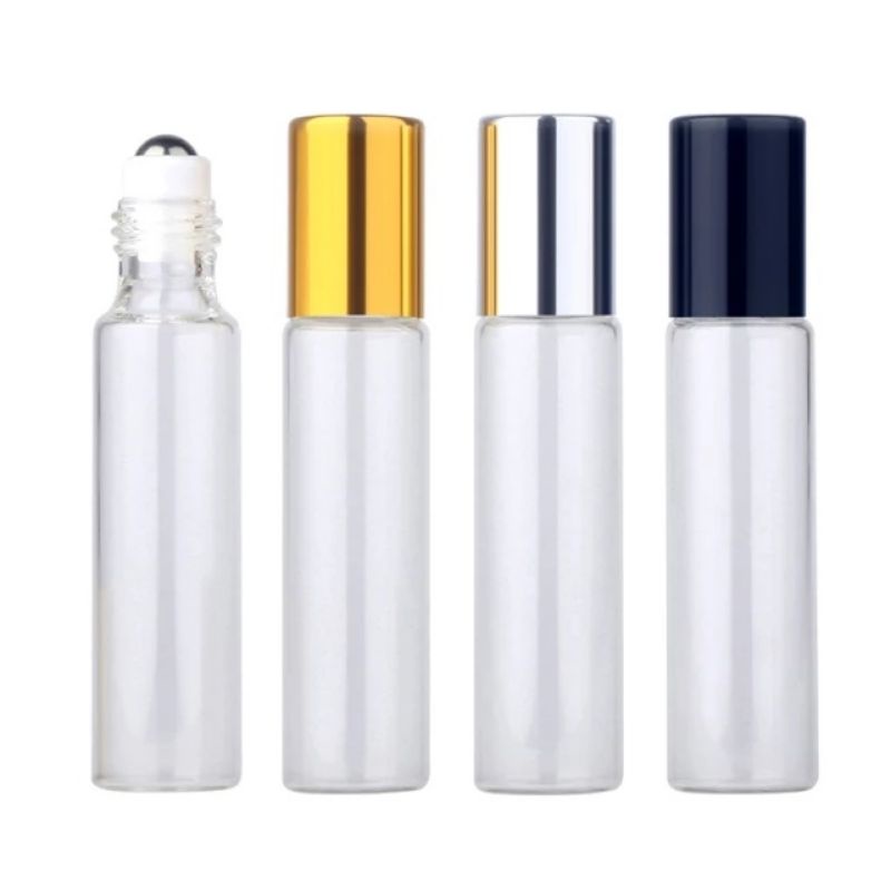 Chai thủy tinh 10ml trong suốt bi lăn thép đựng tinh dầu dubai chiết nước hoa có thể chọn số lượng màu sắc nắp