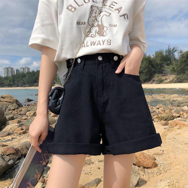 Quần short jean nữ KABICO kaki nữ lưng cao, quần sooc đùi jean cạp cao ống rộng sắn gấu C3 | BigBuy360 - bigbuy360.vn