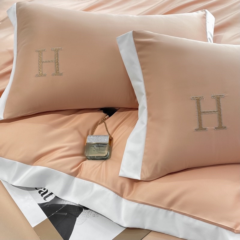 Bộ Chăn Ga Gối Phi Lụa Thêu Chữ "H" Hot Trend 2022 Sang Trọng 10 Tone Màu Siêu Sang