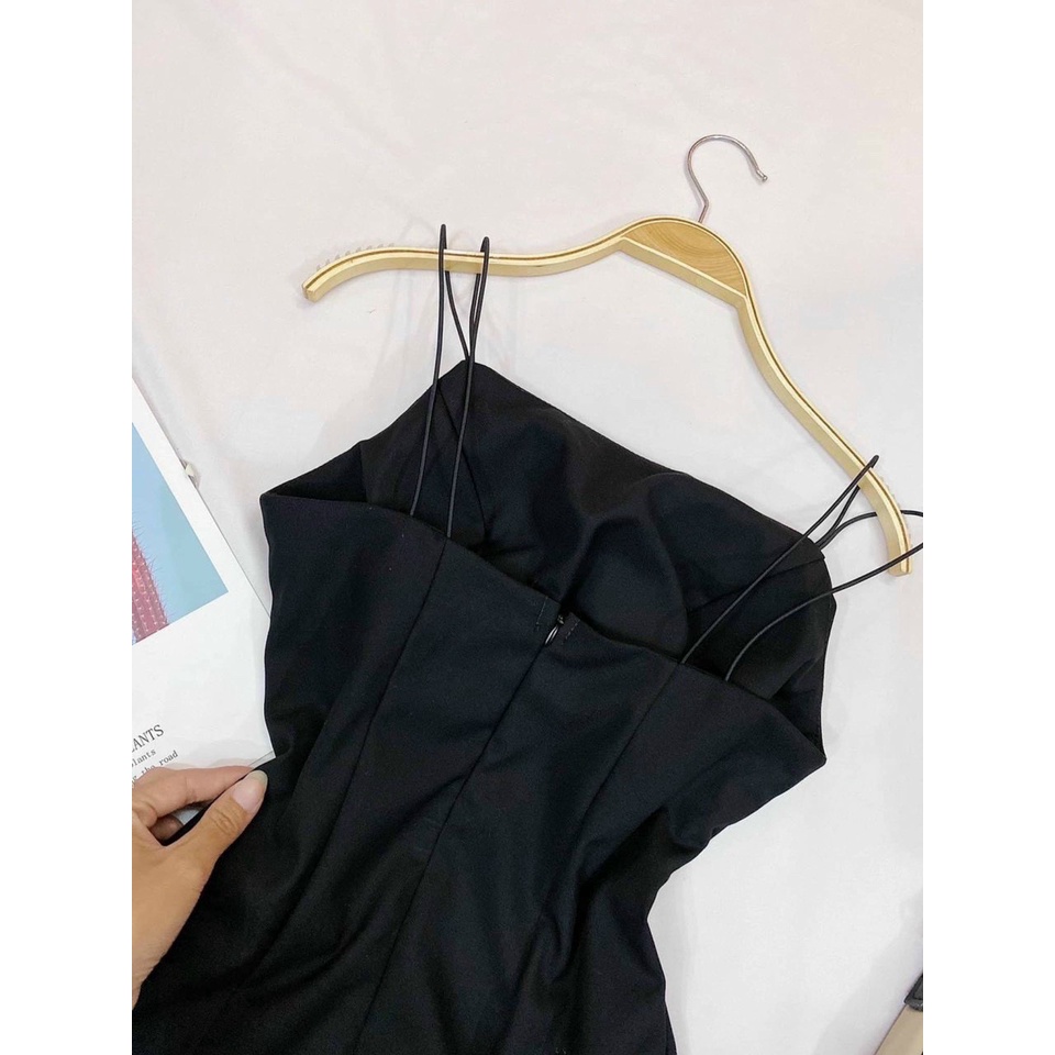 Đầm maxi đen trơn phối 2 dây hở lưng sexy, quyến rũ