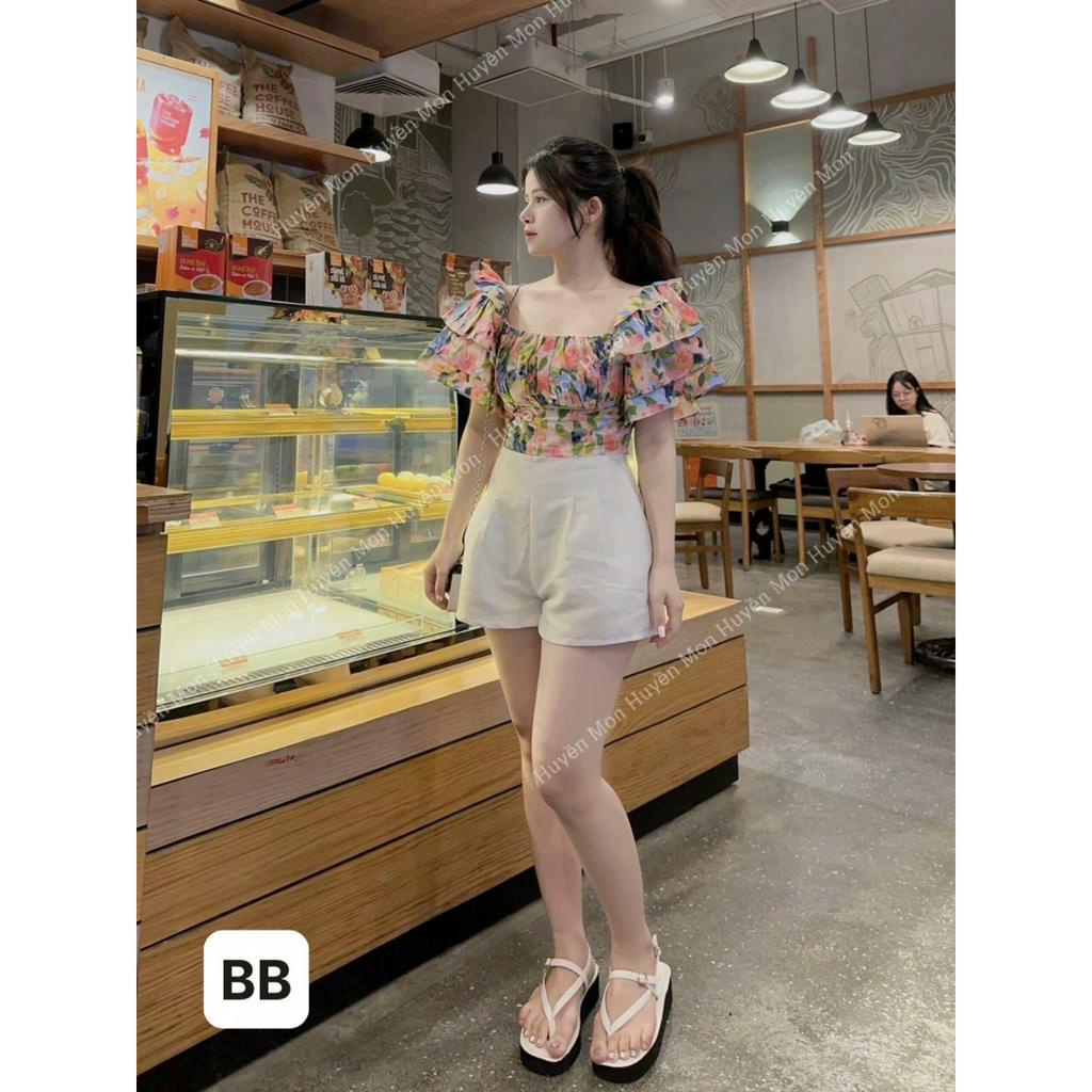 Áo trễ vai hoa nhí nữ croptop tay bồng viền bèo tầng dáng ngắn đi biển ulzzang Hàn Quốc
