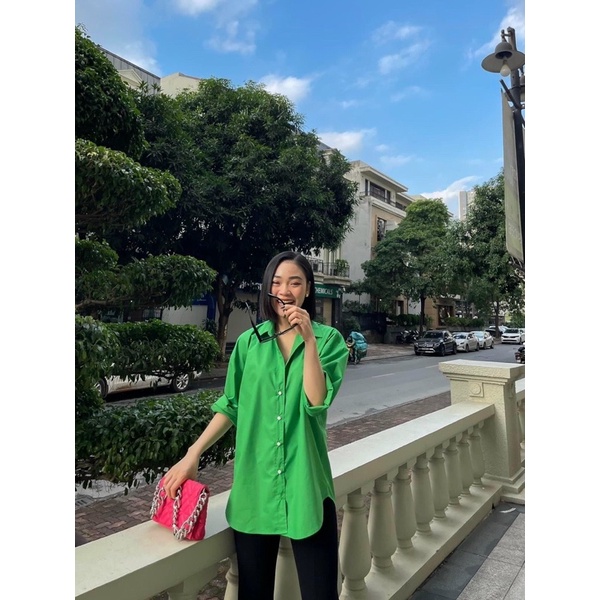 [AN MỘC] Áo sơ mi màu xanh lá from rộng cá tính cho nữ