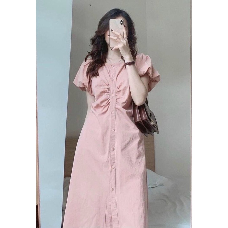 Đầm nữ maxi cài nút dài rút ngực tay phồng ôm xẻ trước cực đẹp cho cô nàng năng động ba