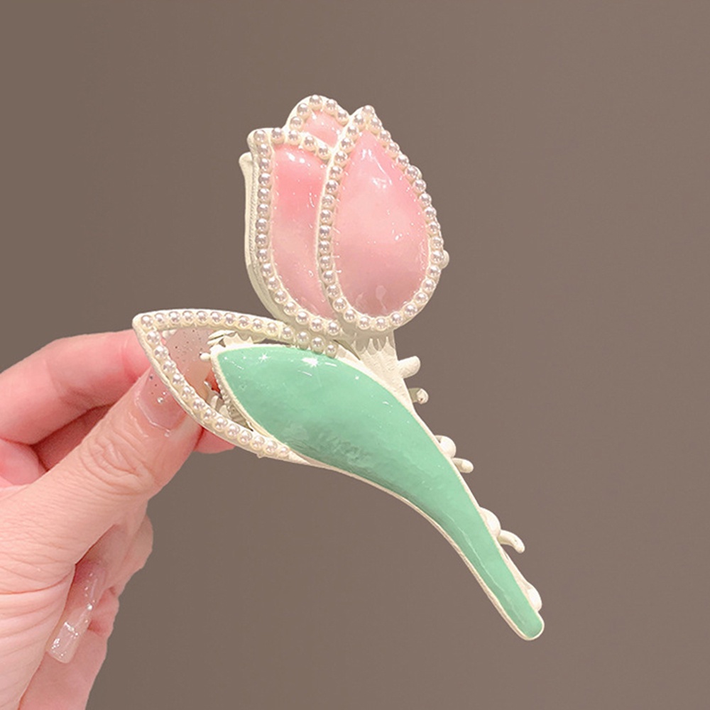 Kẹp tóc nữ CHLINS bằng kim loại hình hoa tulip đính ngọc trai thời trang Hàn Quốc