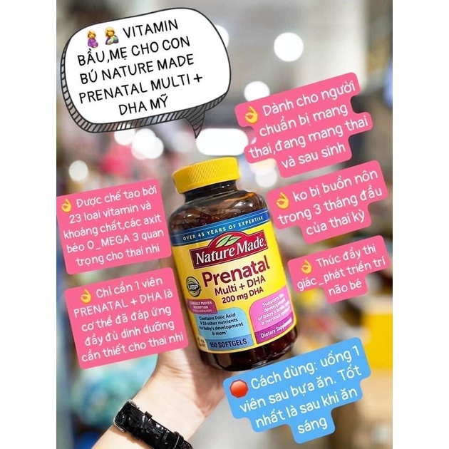 Vitamin bà bầu, Vitamin tổng hợp Bầu Mỹ Nature Made Prenatal Multi + DHA 150 viên