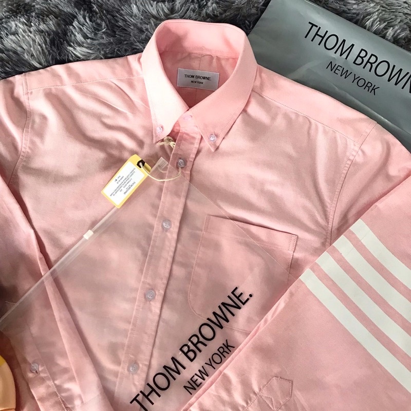 Sơ mi Thom Brown hồng 4 sọc trắng tay