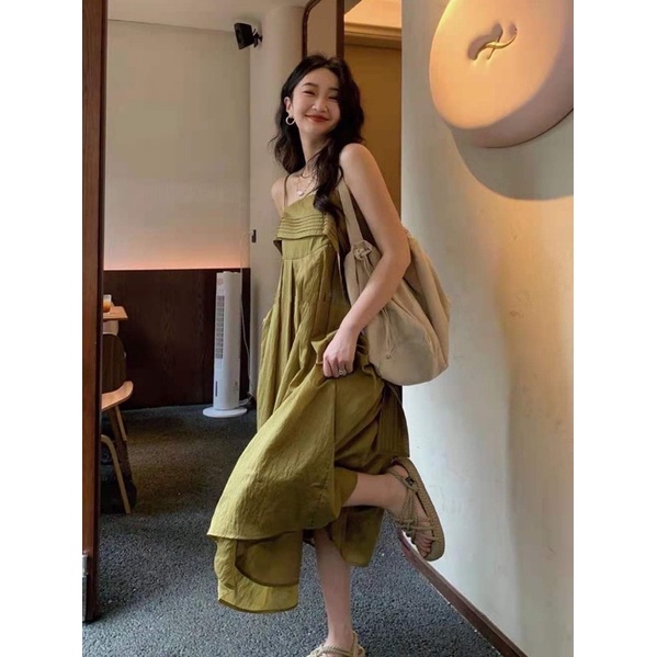 Đầm Dây Xanh Phối Tay Rớt