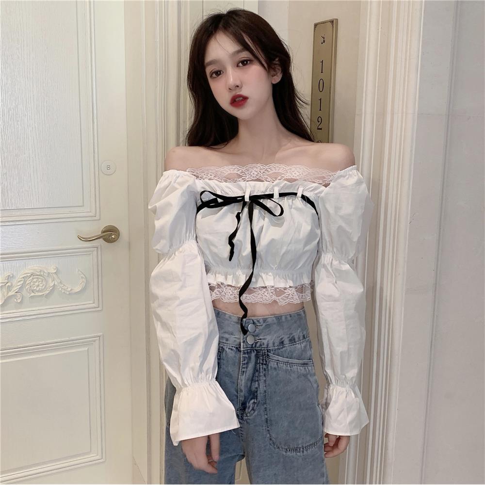 Áo Kiểu Nữ Blouses Women Lace Stitching Off-shoulder Long Sleeve New Waisted