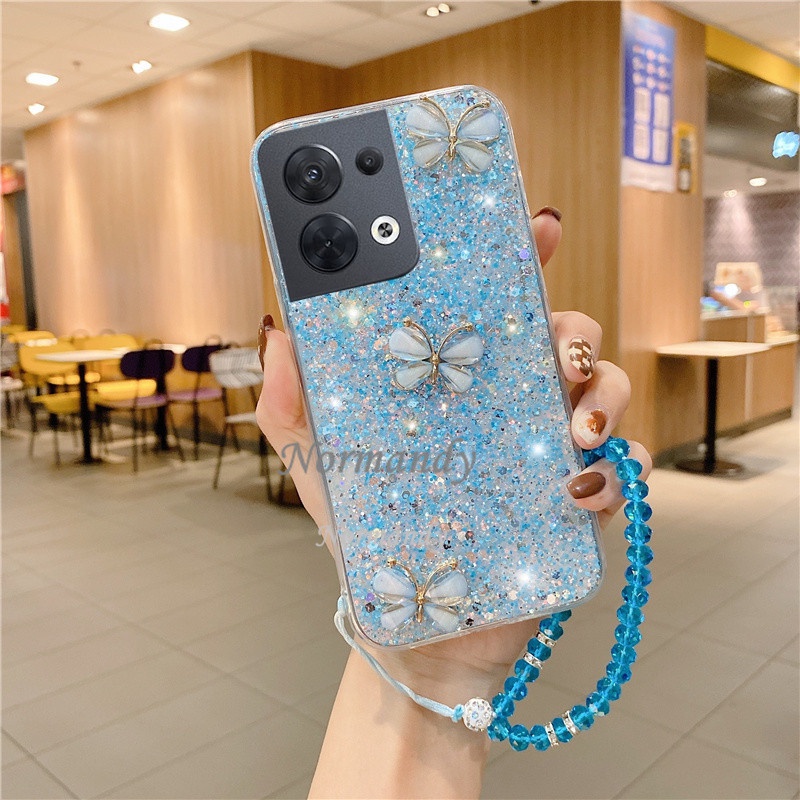Ốp điện thoại có dây đeo đính hạt đá hình bướm lấp lánh 3D cho OPPO Reno8 8Z 8Pro Reno 8 7 7Z 7Pro 6Z 6 Z Pro 5G 4G