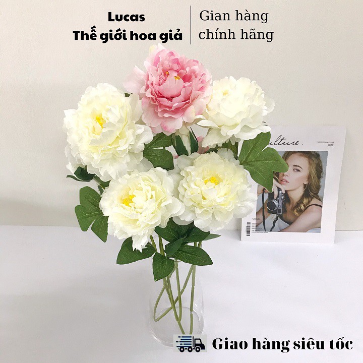 Hoa giả - Hoa mẫu đơn Lucas 70cm 1 cành 2 bông to 1 nụ trang trí đep, giống thật