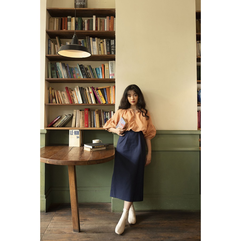 [Mã WABRWA8 giảm 15% đơn 99k] DOTTIE - Chân Váy Midi Xanh Đen Nữ S0010