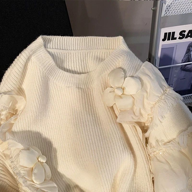 Áo Sweater Dệt Kim Sáp Mềm Dáng Rộng Phối Bèo Phong Cách Ngọt Ngào Thời Trang Mùa Thu