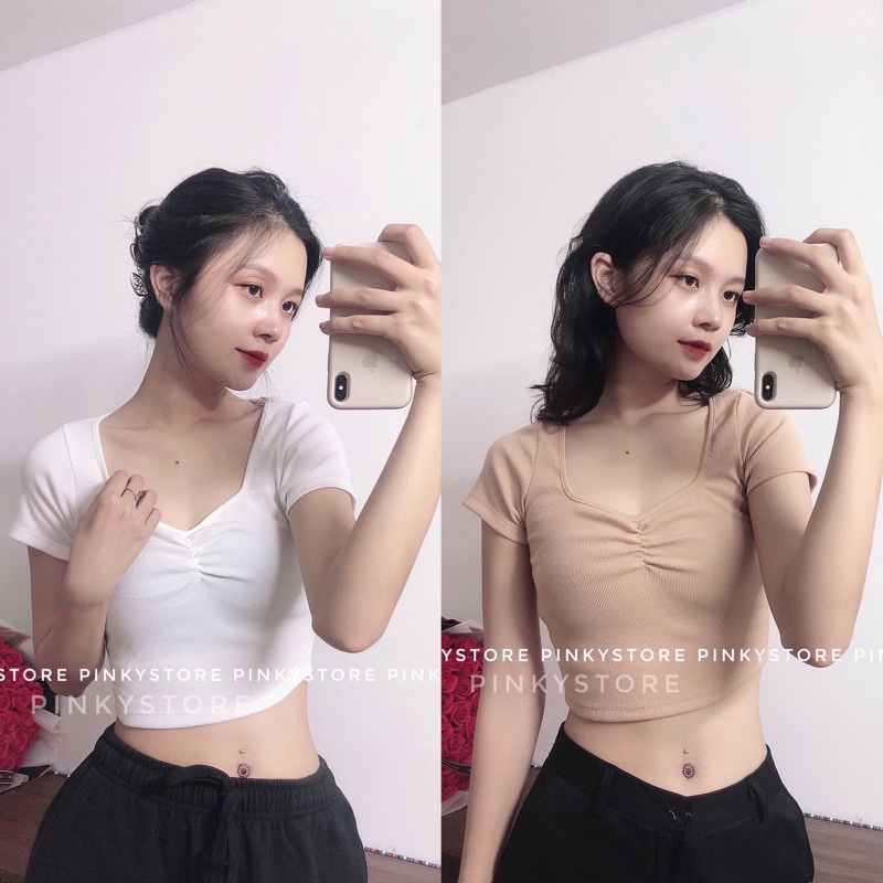 (5 màu) Áo croptop tay ngắn nhún ngực PINKYSTORE